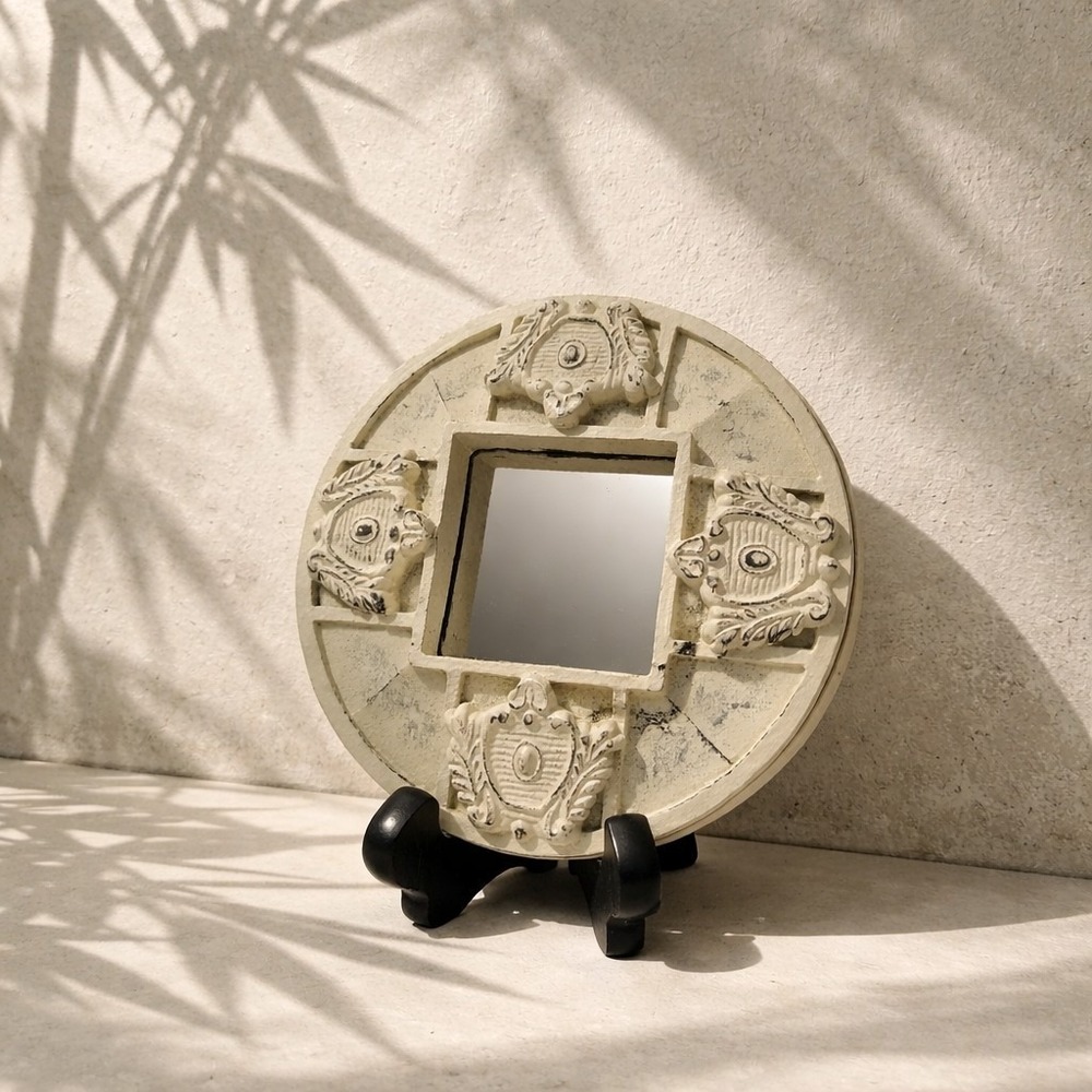 Stonebriar Decorative 7" Antique White Round Ceramic Accent Wall Mirror W/Hanger